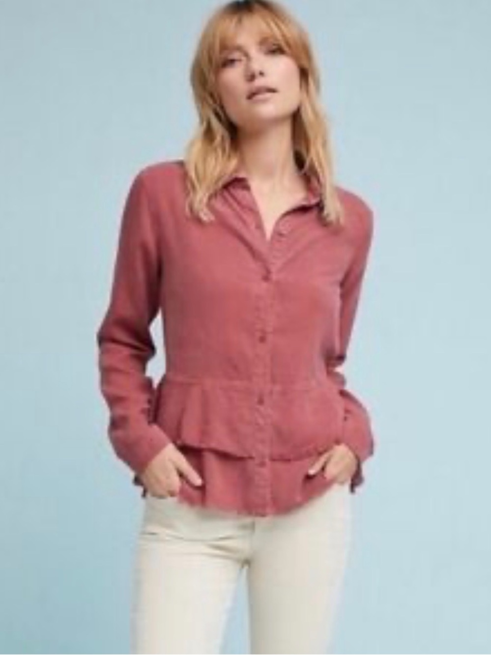 Anthropologie Cloth & Stone Dusty Rose Tiered Blouse Button Front Sz XS Boho